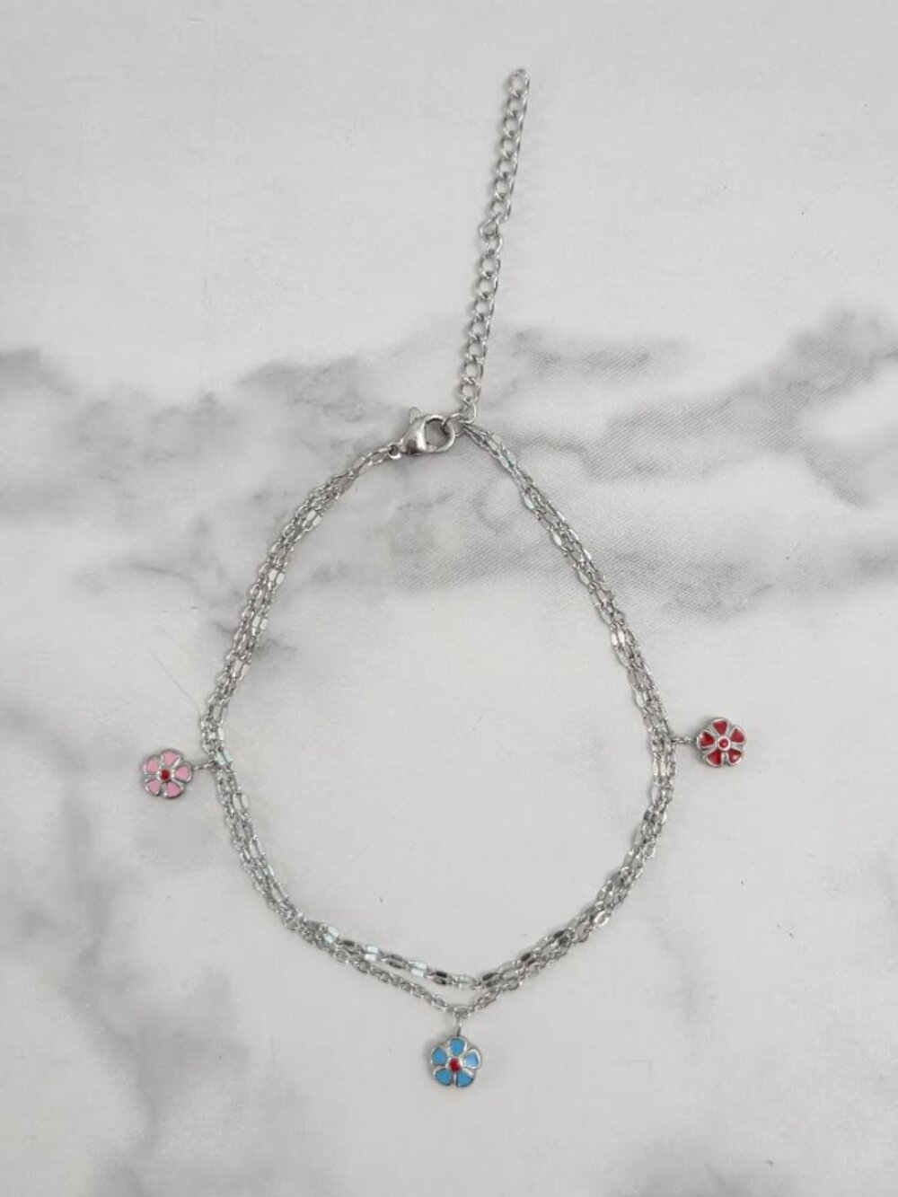 Boho Silver Double Chain Flower Anklet Pink Blue - Picture 10 of 16